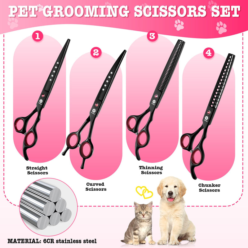 Dream Reach 7" Dog Grooming Scissors Kit, Professional 6 in 1 Dog Scissors Sharp and Durable Shears Set Thinning, Chunker, Straight, Curved Shears and Comb for Pet, Pink 7 In