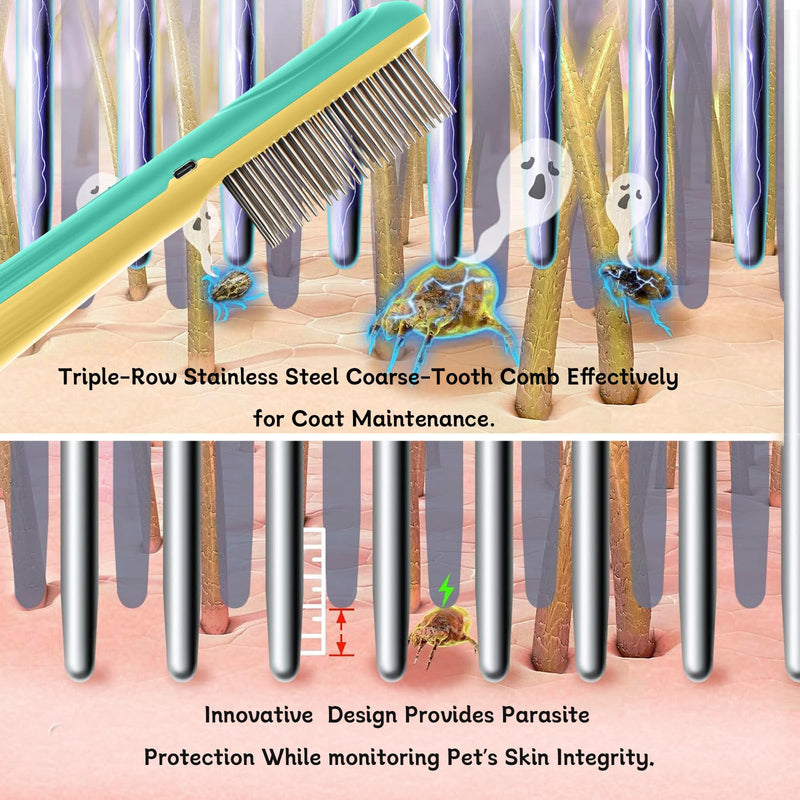 Premium Flea Comb for Dogs & Cats with Long Hair - 3-Row Stainless Steel Detection Tool with Manual Cleaning Brush | Electric Negative Ion Grooming Comb for Shaggy Dogs, Cats and Long-haired Animals - PawsPlanet Australia