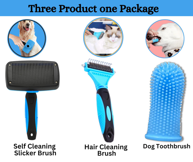3-in 1 Dog & Cat Grooming Supplies- Self-cleaning Slicker Brush, Deshedding Rake Comb, And Finger Toothbrush For Dogs & Cats | Perfect For Pet Grooming Kit, Dematting And Dental Tool (blue) blue - PawsPlanet Australia