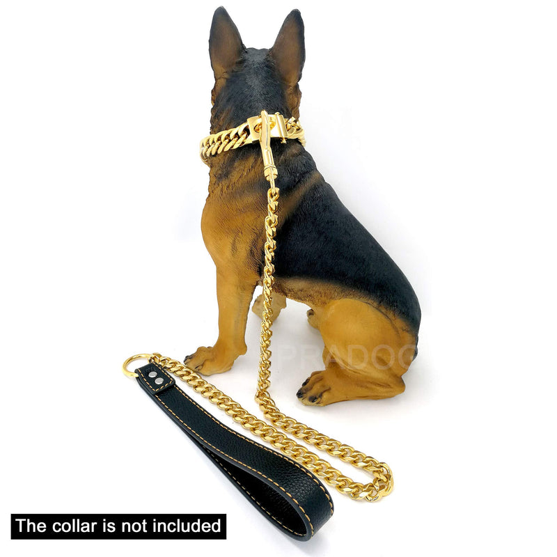 PRADOG Chain Dog Leash Metal Chew Proof 15MM Heavy Duty Pet Leash Chain with Leather Padded Handle for Large Medium Small Dogs(Totally Length of 3ft) Gold 3.0 FT ( For Larger Dog) - PawsPlanet Australia