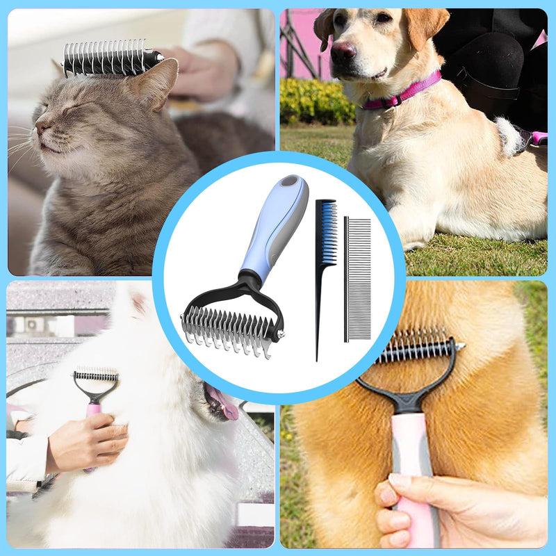 Dog Brush Long Hair, Cat Deshedding Brush Animals Stainless Steel Double Sided Deshedding Tool for Long, Medium and Short Hair (Blue) Blue+Comb