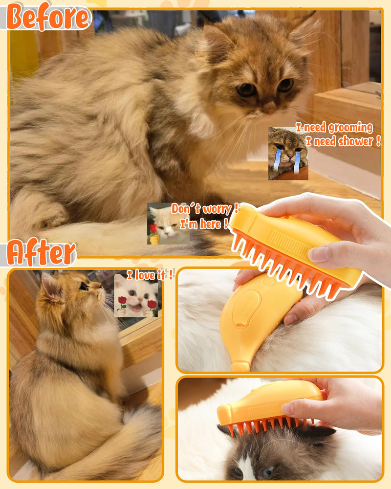 Cat Steam Brush for Shedding, 3 in 1 Steamy Grooming Brush, Spray Cat Brush for Long and Short Hair of Cat and Dog, Self-Cleaning Pet Hair Removal Comb. (Banana-Yellow) - PawsPlanet Australia
