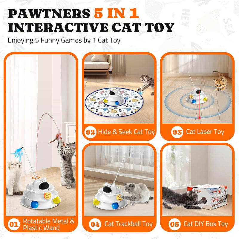 Interactive Cat Toy: 5 in 1 Automatic Cat Toy for Indoor Cats, Rechargeable Hide and Seek Toy with PVC Cover, Battery Operated Kitten Laser Toy, Self Play Fluttering Feather Wand with Track Ball - PawsPlanet Australia