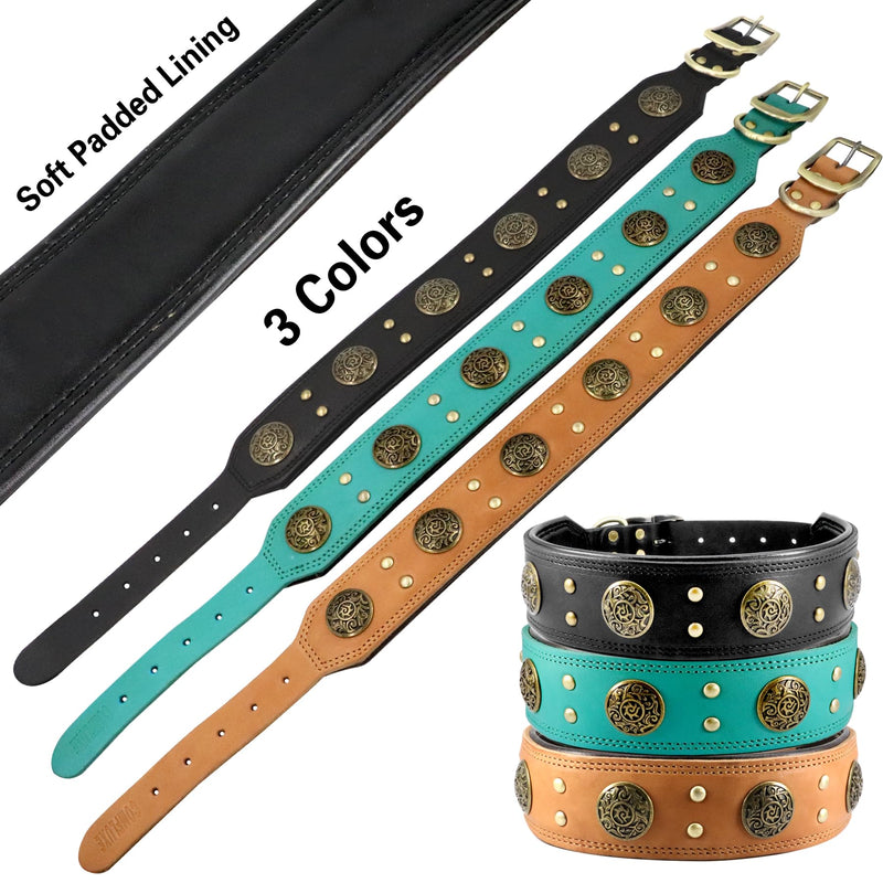 Leather Dog Collar for Medium Dogs, 2" Wide Durable Thick Strong Genuine Leather Spike Dog Collar with Metal Buckle, Padded Collar with Studded Design for Girl Boy Dogs (Black,M) M: 17.7”- 21.7”(45-55cm) Black - PawsPlanet Australia