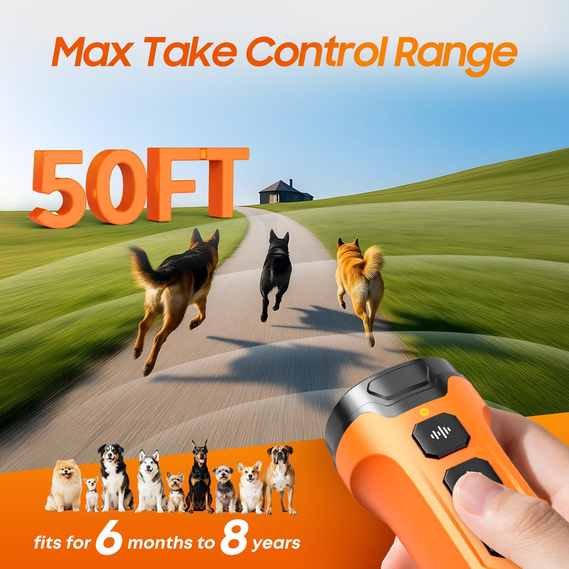Dog Bark Deterrent Device, 3X Sonic Emitters, Dual-Frequency Bark Control, Flashlight & Sound Modes, Humane No-Bark Trainer, Safety Lock, USB-C Rechargeable (Orange) Black