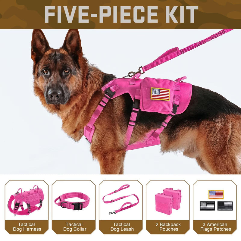 Forestpaw Pink Tactical Dog Harness for Large Dogs,Tactical Dog Collar with Bungee Leash Set,No Pull Military Dog Harness for Walking Training,Adjustable for Medium Large Dogs,Chest 21.5-45" L:Chest 21.5-45",Fit 28-140lbs Hot Pink - PawsPlanet Australia