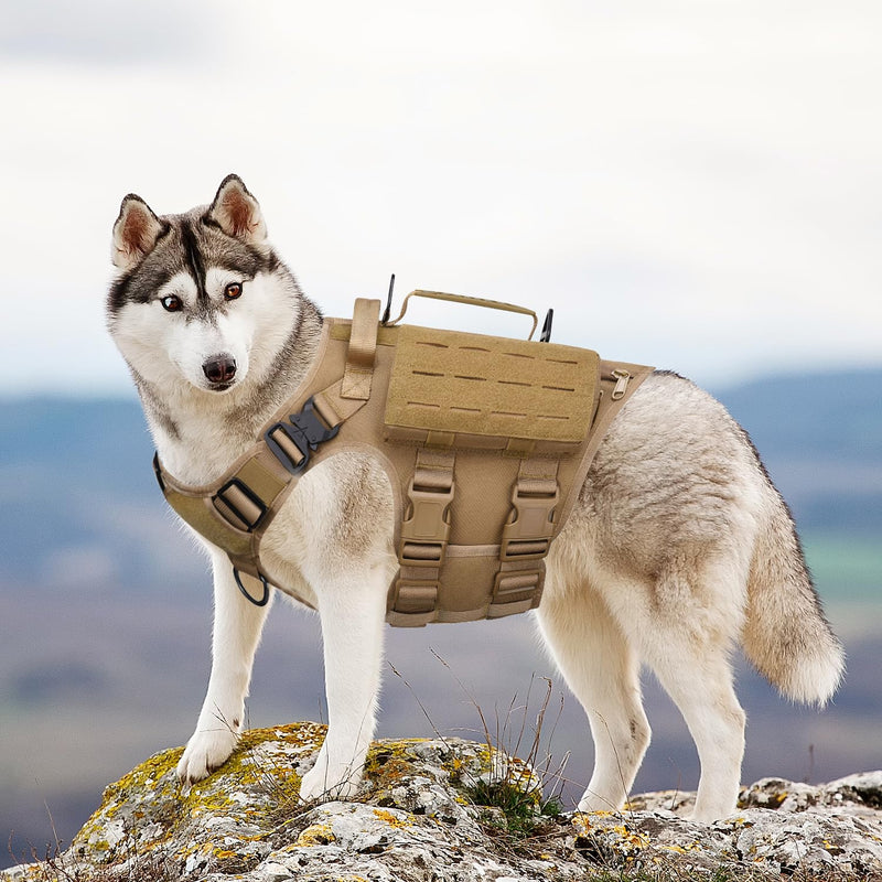 AIWAI Tactical Dog Harness with Handle for Large Dogs,2X Metal Buckle, Dog MOLLE Vest with Pockets,No Pull Adjustable Pet Harness, Easy Control Dog Vest Harness for Working Training (Khaki, XL) Khaki - PawsPlanet Australia