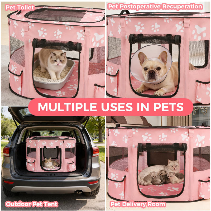 Homimp Portable Pet Playpen for Indoor Cats & Puppies, Foldable Dog Playpen Outdoor Tent Crate Cage with Pee Pad & Carry Bag, Pet Crate with Mesh Sides for Small Animals Travel, Pink S Small: 27.5"L x 21.6"W x 17.7"H