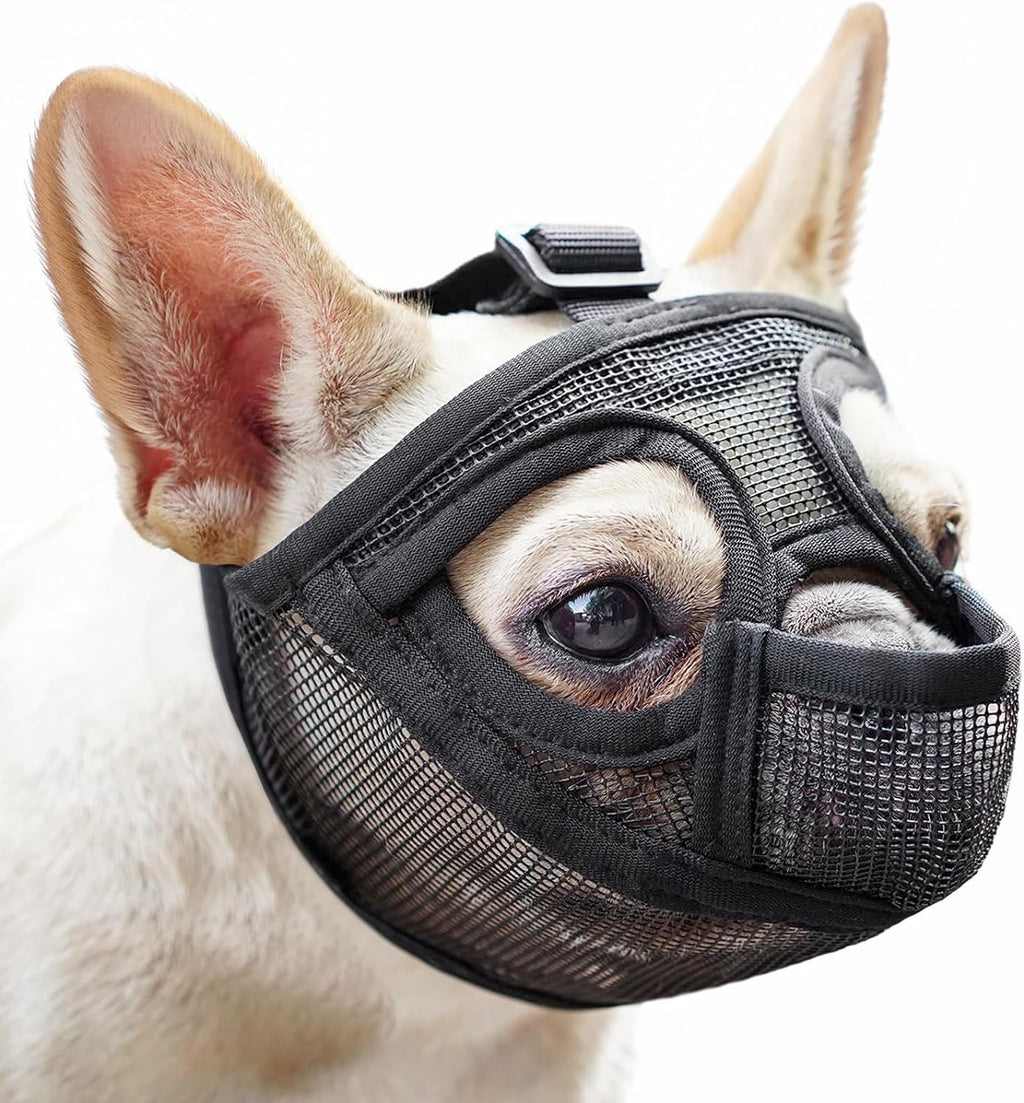 Mayerzon Short Snout Dog Muzzle, French Bulldog Muzzle with Tongue Out Design to Prevent Eating Biting Licking, Mesh Dog Muzzle for Shih Tzu Pug English Bulldog, Breathable Muzzle for Grooming Walking Black S [Head Cir: 15"-17½"]