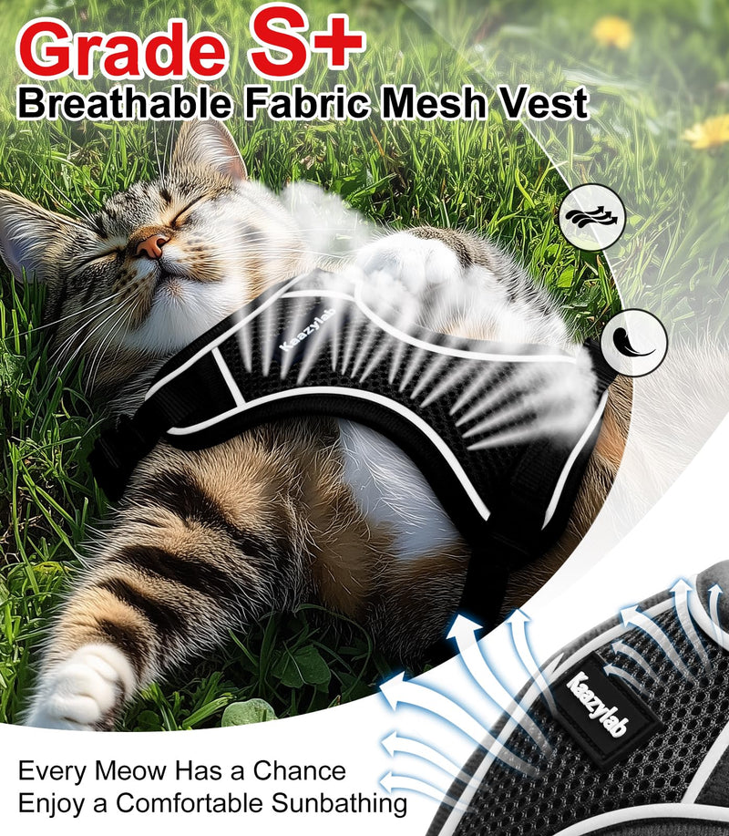Cat Harness and Leash for Walking Escape Proof Soft Adjustable Cat Leash Breathable Comfortable Vest Easy to Wear Kitten Harness for Outdoor Travel Black S S (7-12lb) - PawsPlanet Australia
