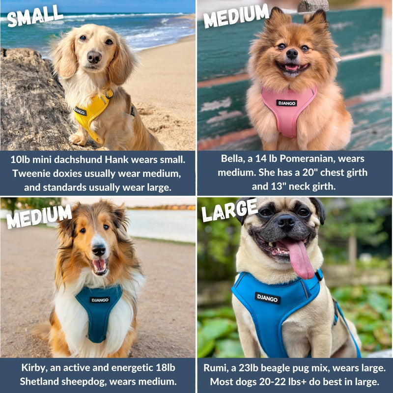 DJANGO Adventure Dog Harness – Comfortable, Durable, and Reflective Neoprene Dog Harness for Outdoor Adventures and Everyday Wear – Adjustable Design with Solid Brass Hardware (Small, Indigo Blue) S