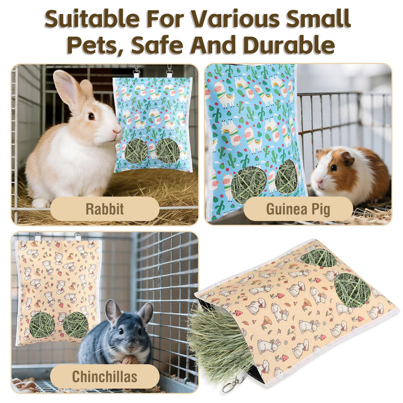 2Pcs Hay Bag for Rabbits, 11.8" x 9.8" Hanging Bilayer Leather Guinea Pig Hay Feeder Bags with Metal Hook, 2-Hole Washable Hay Feeding Bag for Bunny, Chinchillas, Hamsters, Small Pets (Animal Theme) Animal Theme-2Pcs - PawsPlanet Australia