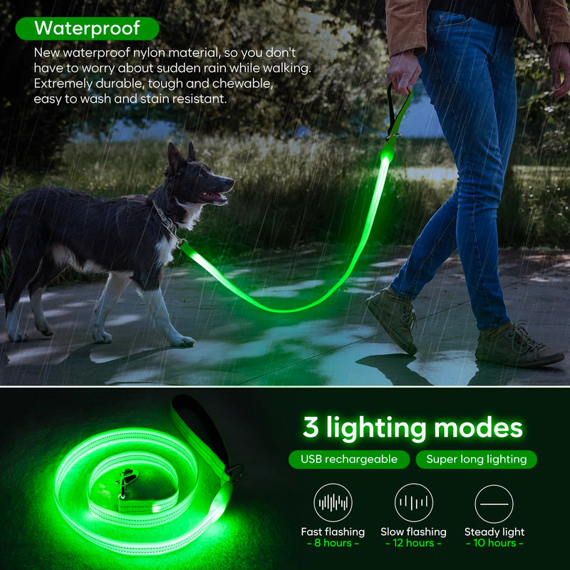 LED Dog Leash, Light Up Dog Leash 4 Ft Fully Illuminated USB Rechargeable Waterproof, Nylon Reflective Leashes with Padded Handle for Dogs Night Walking, Safety Glow in The Dark for Large Medium Pets Green - PawsPlanet Australia