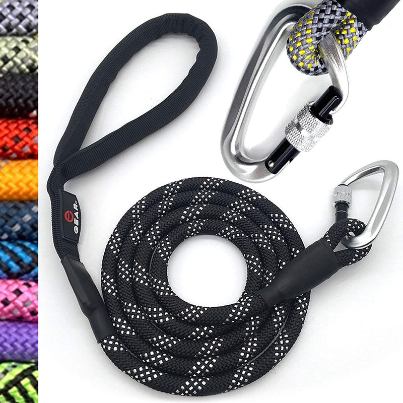 Locking Carabiner Dog Leash – Heavy Duty Rope Leash for Large & Medium Dogs, Reflective with Padded Handle – 6 Ft (Black) Black - PawsPlanet Australia
