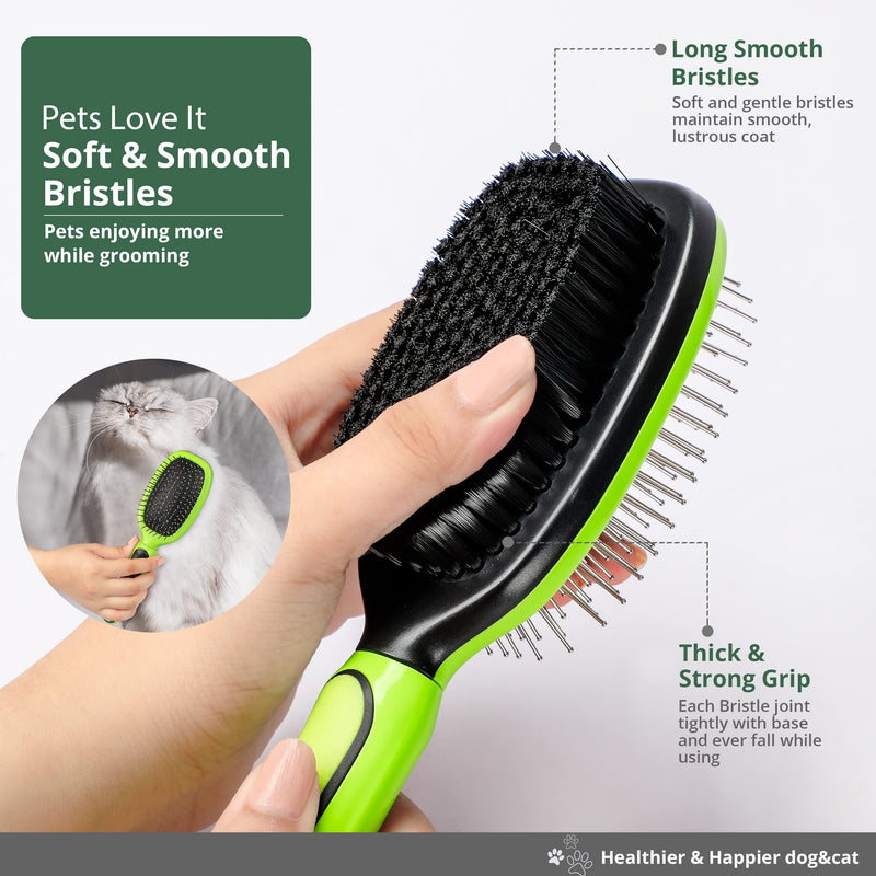 Double Sided Dog Brush, Grooming Brush with Rounded Pins & Bristles, Dog Brushes for Grooming with Anti Slip Handle & Free Cleaning Tool.