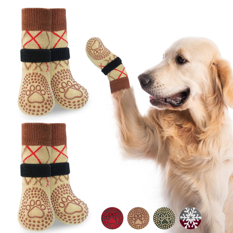 BEAUTYZOO Dog Socks to Prevent Licking Paws, Dog Socks for Hardwood Floors Anti Slip, Socks for Dogs, Dog Paw Protector, Dog Grippy Socks for Senior Dog, Non Slip Dog Socks Prevent Scratching- Size L L(4 Pack) Khaki