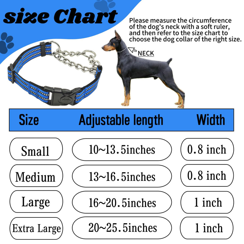 Martingale Dog Collars, Reflective Nylon Collar with Stainless Steel Chain, Adjustable Walking Training Dog Collars with Quick Release Buckle, Suitable for Small Medium Large Dogs(Blue,M) Medium-(dog's neck 13~16.5inches) Blue - PawsPlanet Australia
