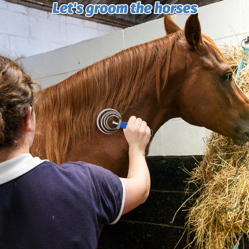 kathson 2PCS 4 Rings Curry Comb Horse Brush Scraper Reversible Stainless Steel Livestock Shedding Comb with Soft Touch Grip 2PCS, Blue