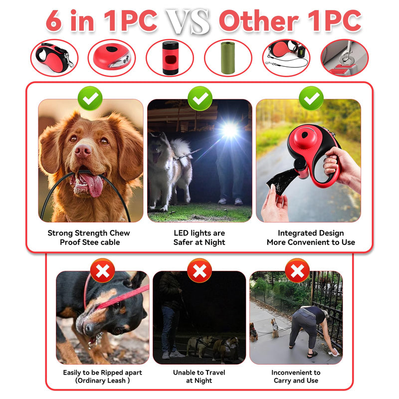 Heavy Duty Retractable Dog Leash for Large Dogs, 26ft Dog Leash with Poop Bag Holder, Up to 110lbs, chew Proof Cable, LED Light, 360° No-Tangle, One-Handed Pause & Locked. (Red, L 26ft) Red