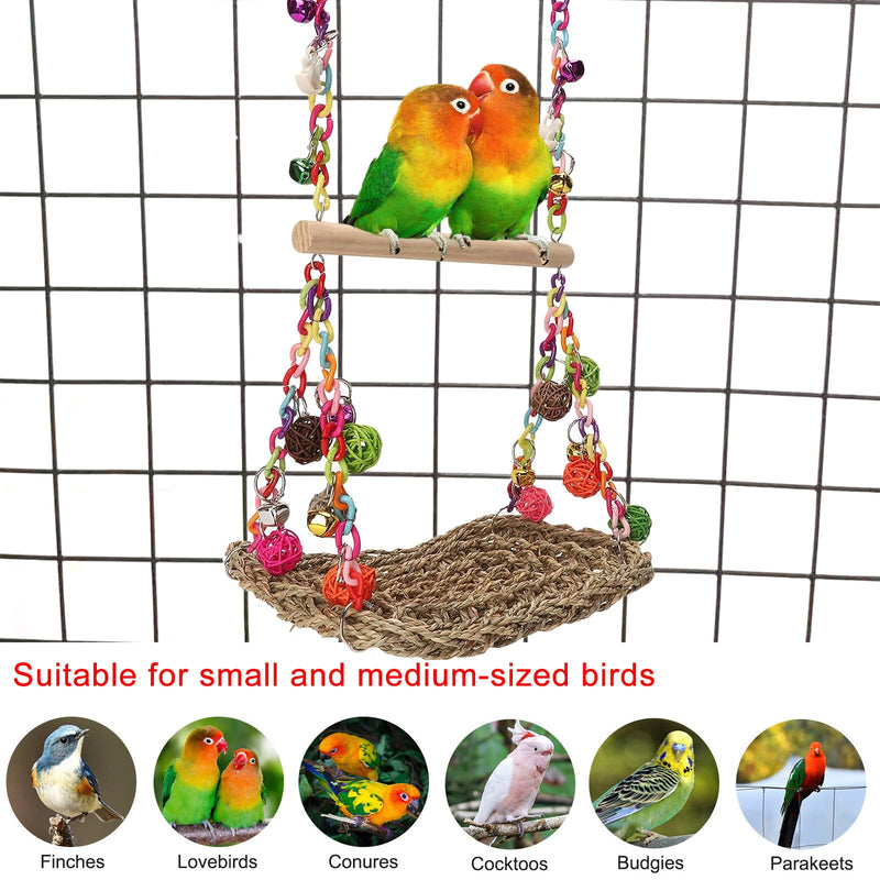 Bird Swing Toys with Wood Perch, Seagrass Woven Parrot Platform Bird Climbing Hanging Hammock Bird Perch Stand Chewing Toy for Parakeets,Budgie, Conure, Cockatiel,Lovebird - PawsPlanet Australia