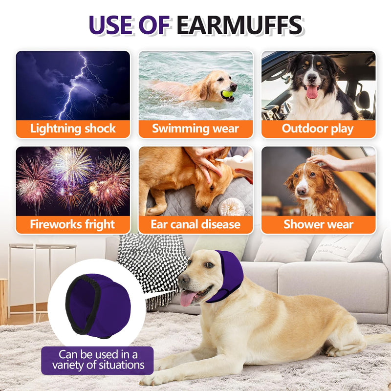 JOHNBOLIN Dog Ear Muffs & No Shake Ear Wrap for Hematoma, Bathing, Drying & Noise Anxiety Relief - Elastic Waterproof Ear Protector with Calming Hoodie Design for Grooming (Purple, L) Large(Head Circle:18"-24") Purple
