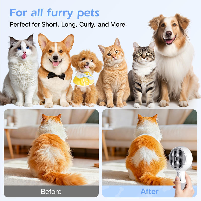 Steam-Like Spray Cat Brush - 3-in-1 USB Rechargeable Deshedding & Self-Cleaning Brush with Water Mist for Long & Short Hair Cats Dogs, Waterproof, 2 Speed Settings