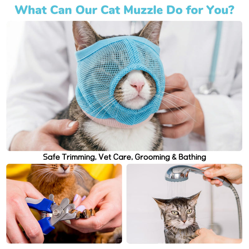 PUMYPOREITY 2 Pack Cat Calming Muzzle, Soft Breathable Mesh Cat Head Cover with Adjustable Strap, Calming & Anti-Bite Design for Grooming, Nail Trimming, Bathing and Vet Visits, S, Blue Small