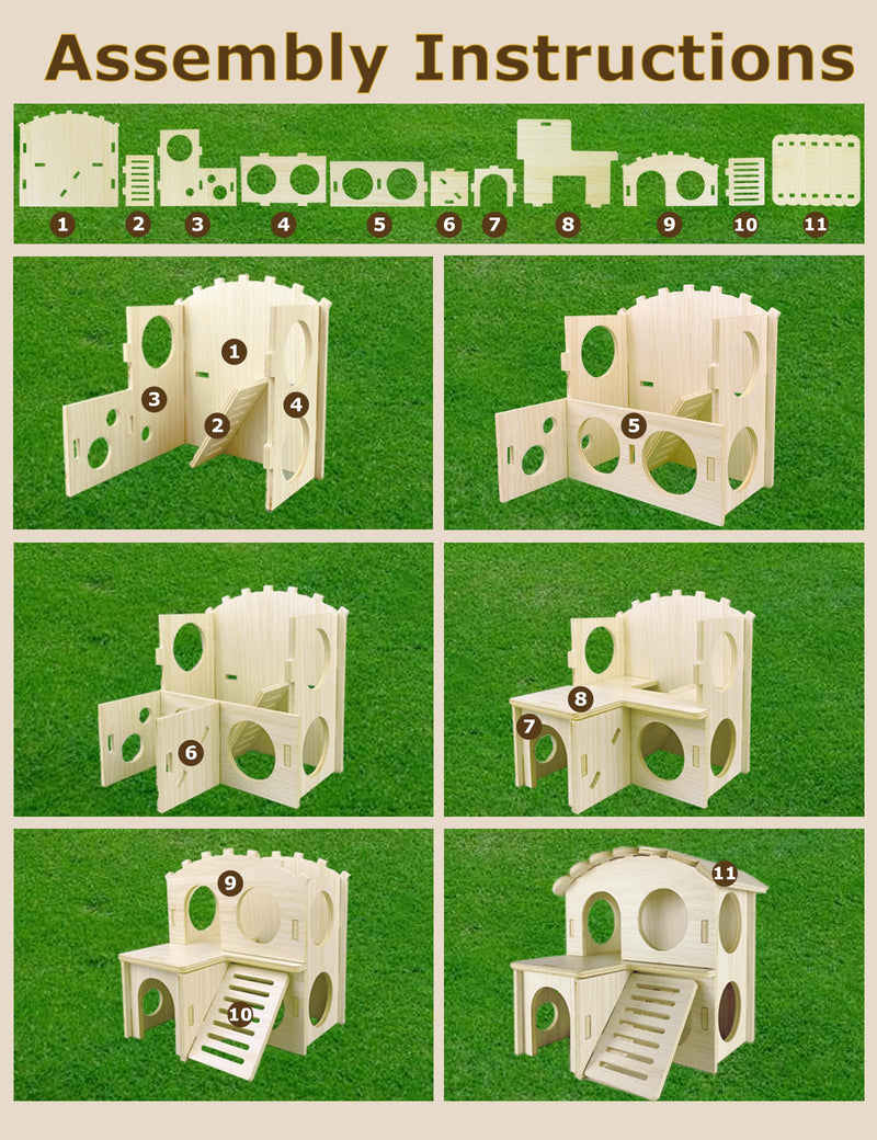 Hamster Hideout Cage Accessories - Hamster House and Habitat Wooden Hide Hut with Climbing Ladder and Platform for Dwarf Gerbils and Mouse Mice Rat Other Small Animals etc. B-Double storey house - PawsPlanet Australia