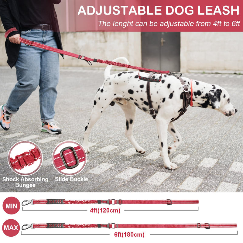 Tactical Dog Leash Heavy Duty, 4-6FT Shock Absorbing Bungee Dog Leash, Reflective Military Strong No Pull Dog Leash with 2 Padded Handle and Car Seatbelt for Medium Large Dogs, Red - PawsPlanet Australia