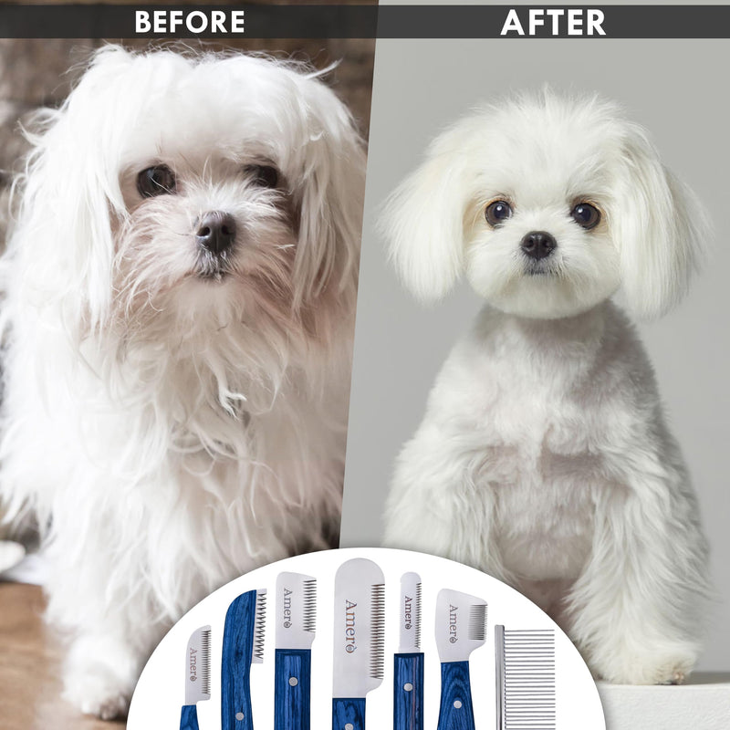 Premium 7-Piece Pet Grooming & Stripping Knife Kit with Bonus Comb – Professional Undercoat Removal Tools, Stainless Steel Blades & Ergonomic Wooden Handles for Dogs & Cats