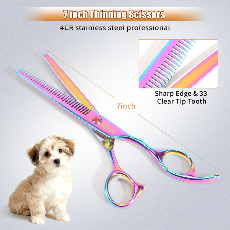 7.0in Titanium Professional Pet Grooming Scissors Set, GEMEK 6 in 1 Straight & Thinning & Upwards Curved & Downwards Curved Scissors & Comb for Dogs, Cats (Rainbow) Rainbow 6 in 1 7inch - PawsPlanet Australia