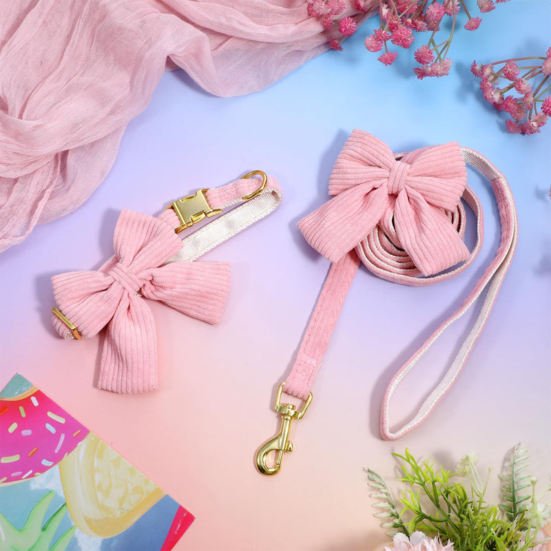 Dog Collar and Leash Set with Bowtie, Pink Cute Girl Dog Collars Bow Metal Buckle Adjustable Corduroy Dogs Collar 10‘’-16‘’for Small Medium Puppy Dogs with 5 FT Leash Pink S - PawsPlanet Australia