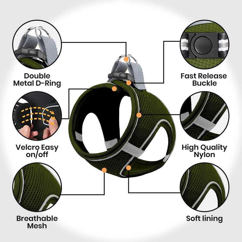 MITA Dog Harness and Leash Set - Puppy Harness - Cat Harness - Comfortable Step-in Big & Small Dog Harness, Breathable and Multi Weather Mesh Escape Proof Dog Harness - Secure & Comfortable XS KHAKI GREEN - PawsPlanet Australia
