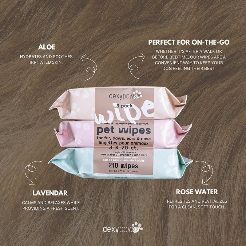 Pet Cleansing Wipes - 3 Packs (70ct Each) - Aloe-Lavender-Rose Water - Wet Wipes for Dogs & Cats, Fur-Paws-Face, Natural Pet Safe Grooming - PawsPlanet Australia