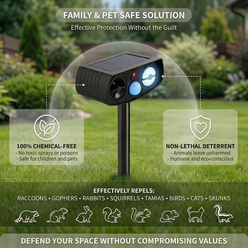 Solar Ultrasonic Animal Repeller Outdoor, Motion Sensor Waterproof Pest Deterrent, Raccoon Skunk Fox Squirrel Rabbit Dog Cat Deer Repellent for Yard Garden Farm, 33ft 120° Coverage, 2 Pack Black Matt Black - PawsPlanet Australia