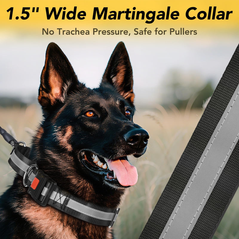 Mayerzon 1.5" Wide Reflective Martingale Collar for Large Dogs, Patented No Pull Heavy Duty Walking Training Dog Collar for Pitbulls German Shepherds, with Buckle, 2 D-Rings, Adjustable (Black, L) Black L: 16.5" - 20.75" - PawsPlanet Australia