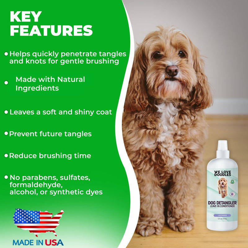 We Love Doodles Large Dog Slicker Brush & Detangler Spray Lavender - Dog Brush for Long Haired Dogs, Goldendoodles & Doodles, Tangle Remover, Dematting Spray & Leave in Conditioner for Dogs, 16 oz - PawsPlanet Australia