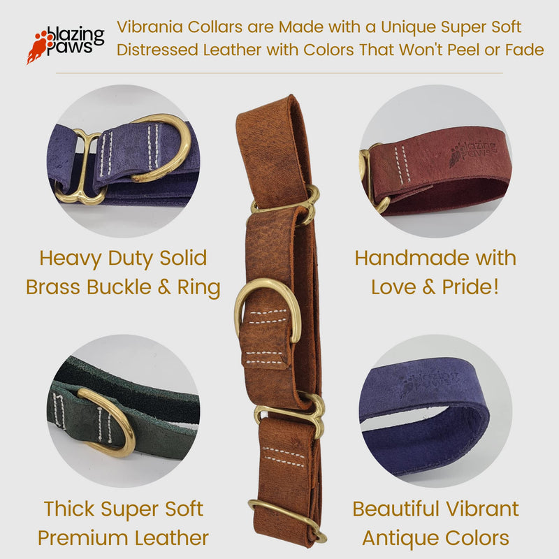 BlazingPaws® Vibrington Martingale Leather Dog Collar, Slip-On, Adjustable, for Large XL XXL Dogs, 1.5 Inch Wide in Colorful Thick Distressed Leather Shades (Brown, L: Neck Size 15-19 Inches) Brown - PawsPlanet Australia