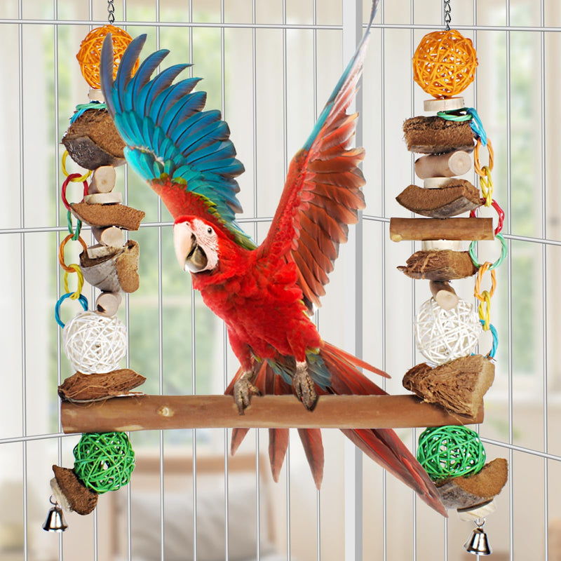 3-in-1 Parrot Toys Natural Coconut Fiber Parrot Hammock (Swing + Perch + Chew Toy) Natural Bird Perches for Medium Large Birds - 23" Bird Toys for Parrots Stand Bird Stand - PawsPlanet Australia