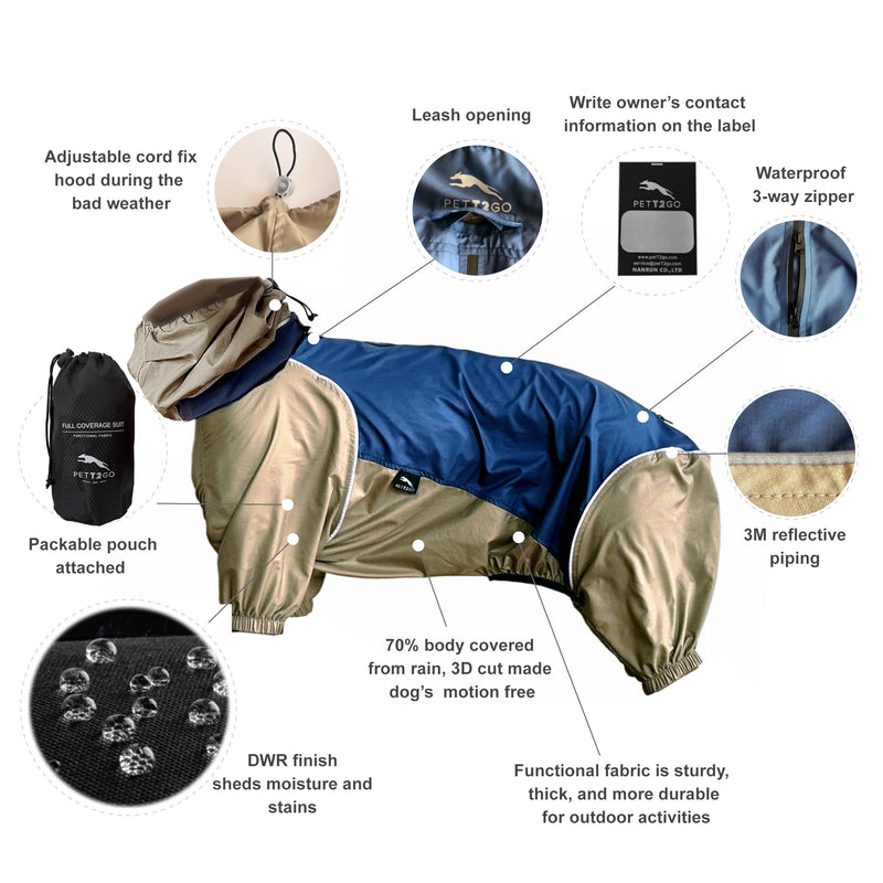Dog Lightweight Windbreaker, Pet Outdoor Sports Jacket, 0.5 lbs,3 in One, Hooded, Easy on/Off with Collar and Harness, Reflective Piping, Packable, Dog Hiking/Camping, Navy Blue (Medium) Medium - PawsPlanet Australia