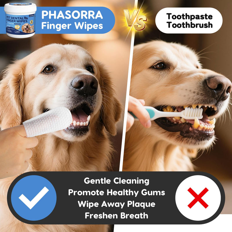 Dog & Cat Tooth Brushing kit - 60Ct Dog Toothbrush & Toothpaste Alternatives, Dental Care Wipes, Heavy Duty Teeth Cleaning, Remove Tartar & Plaque, Breath Freshener(Coconut) Coconut