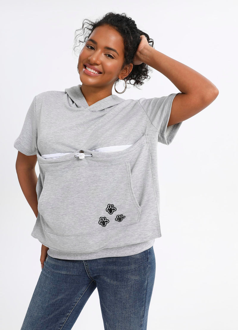 Cat Pouch Shirt Short Sleeve Kitten Puppy Holder Thin Hoodies Pet Carrier Sweatshirt for Women Light grey Large - PawsPlanet Australia