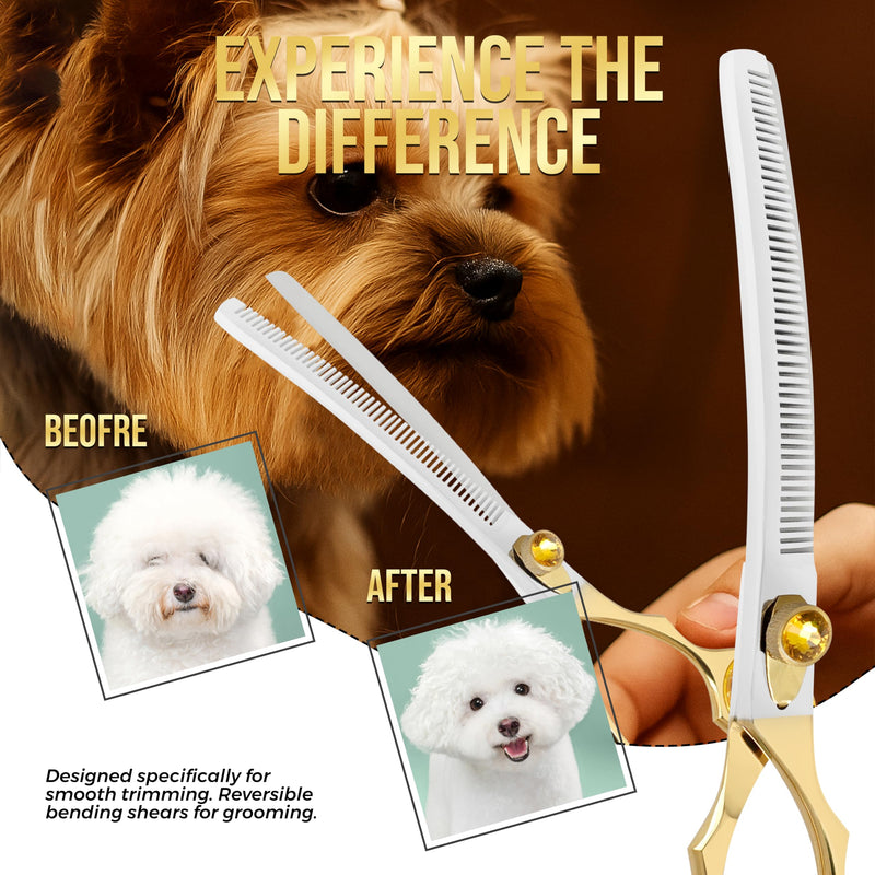 ZAVRIX Professional Dog Grooming Scissors – 7.5” Curved Thinning Shears with 34 Teeth, Pet Chunkers for Dogs & Cats, Premium 440C Stainless Steel Grooming Tools (Golden Polish Curved Thinning Scissor) Golden Polish Curved Thinning Scissor - PawsPlanet Australia