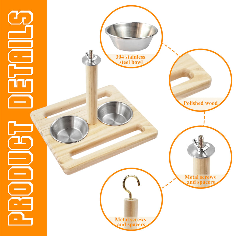 Bird Perch with Stainless Steel Feeding Bowl Cups,Parrot Wood Perch Stand Toy,Bird Cage Accessory,Parakeet Supplies for Parakeet Lovebird Cockatiel Conure Budgie Small Parrots (Large size) - PawsPlanet Australia