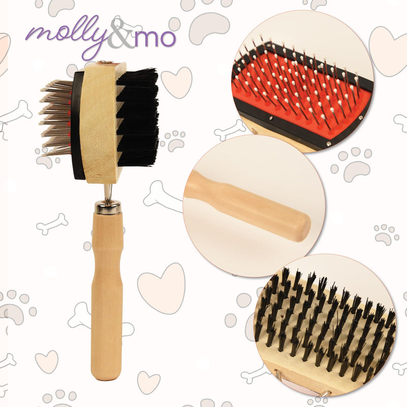 Double-Sided Dog 7 Inch Grooming Brush with Wood Handle, 2-In-1 Pin and Bristle Brush for Pet Hair