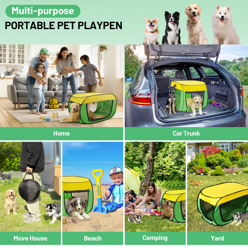 Travel Dog Crate Portable Dog Kennel for Small Dogs Pop Up Soft Dog Enclosure Indoor Outdoor for Medium Dogs Pets Foldable Crate?Green and Yellow-Medium? - PawsPlanet Australia