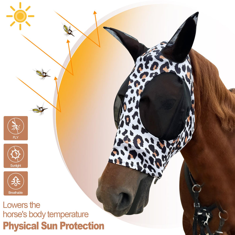 Horse Fly Mask with Ears - Equine Fly Mask for Horses with Sunlight Protection, Large Eye Space with Breathable Elastic Fabric, Funny Horse Mask Suitable for Average Size Horses Leopard Print Medium - PawsPlanet Australia