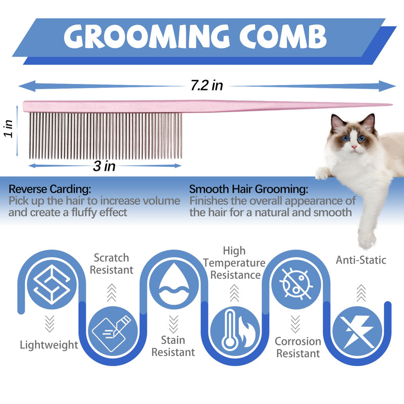 Grooming Pet Comb Rat Tail Dematting Cat and Dog Comb，Rounded Ends Design for Safe Tangle Removal, Hairstyling, Massage，Loose Hair Removal，Prevent Irritation，Fluffing Paws,Face,Tail,Remove Tear Stain Pink - PawsPlanet Australia