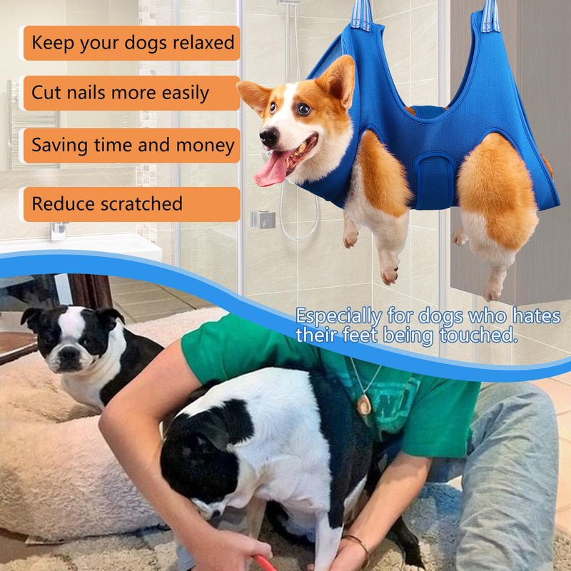 Dog Grooming Hammock Kit for Medium Dogs - Size: L, Hanging Cradle Sling for Nail Trimming Clipping, Blue LARGE for 45 LBS MAX
