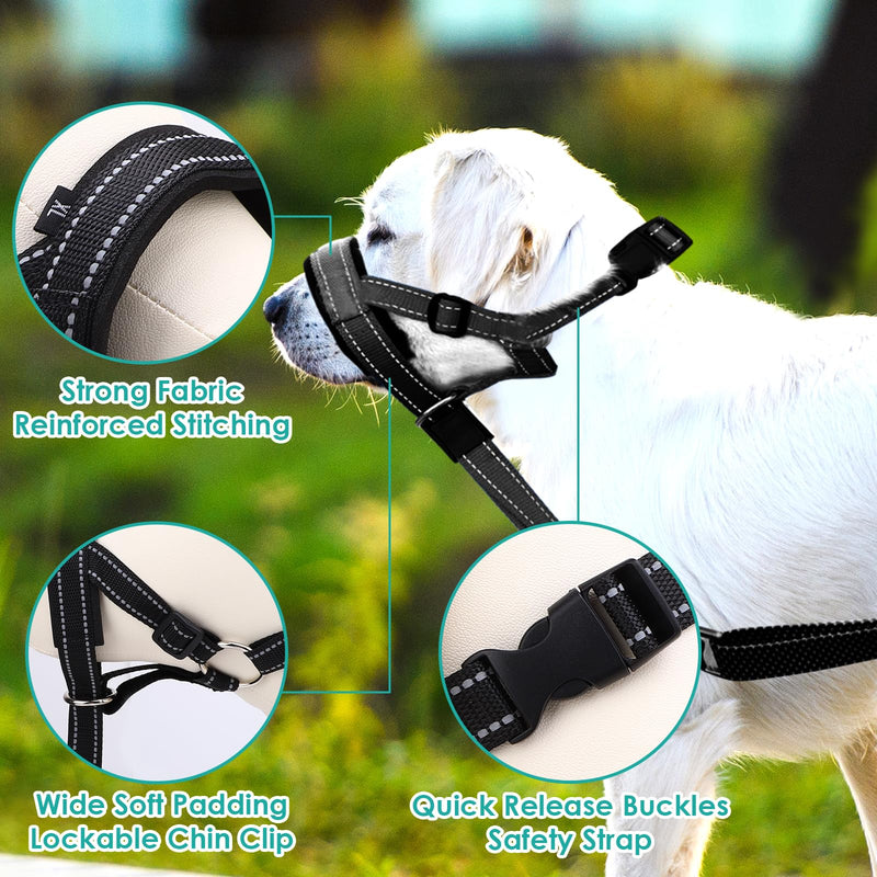 Dog Head Collar, Adjustable Dog Mouth Guard, Reflective Dogs Mouth Harness with Padded Nose Band, No Pull Head Collar Soft Dogs Muzzle for Medium Large Pets (Black, L (Snout: 11.6"-14.8")) Black L (Snout: 11.6"-14.8") - PawsPlanet Australia